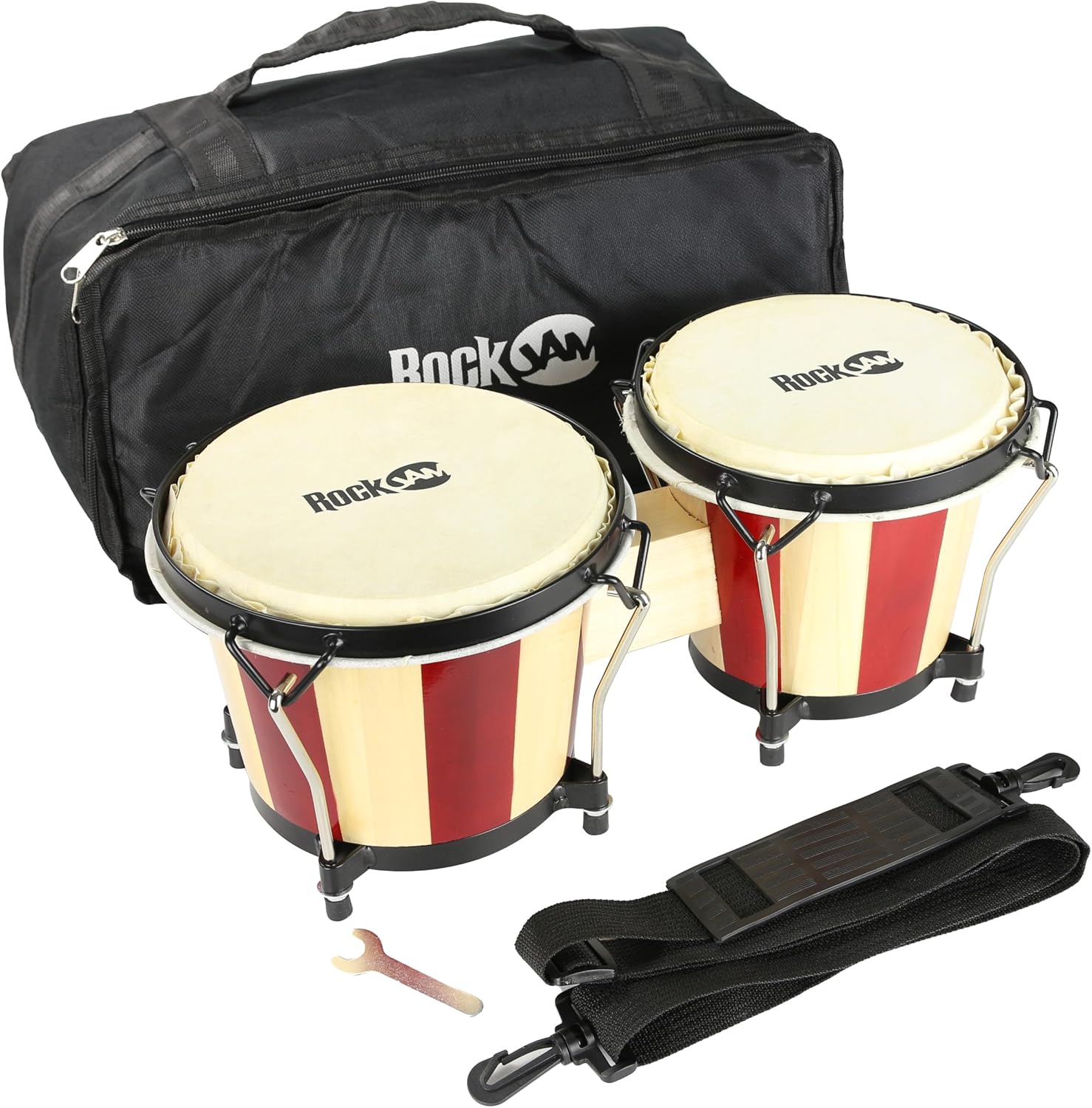 RockJam 7 and 8 inch wooden bongo drums in red and natural with a carry bag and tuning key